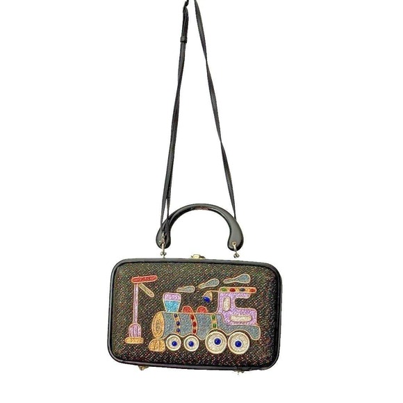 Vintage Novelty Train Clutch Hard Case Top Handle Beaded Evening Bag MCM - Picture 3 of 9